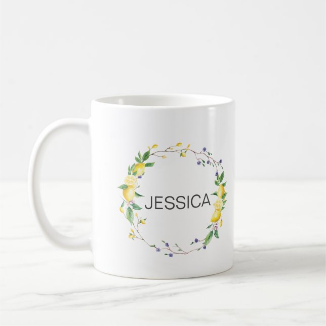Personalise Name Elegant Lemon Floral Wreath  Coffee Mug (Left)