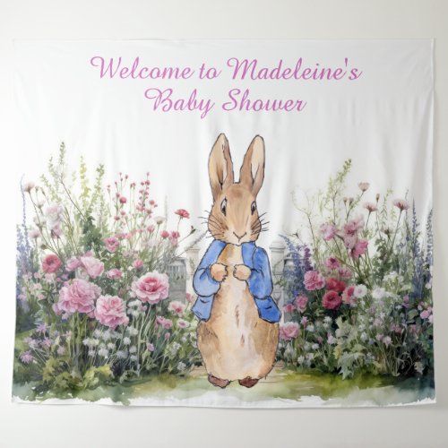 Personalise Peter the rabbit in garden baby shower Tapestry