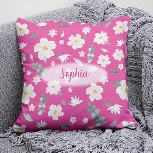 Personalise vibrant pink  white watercolor floral throw pillow