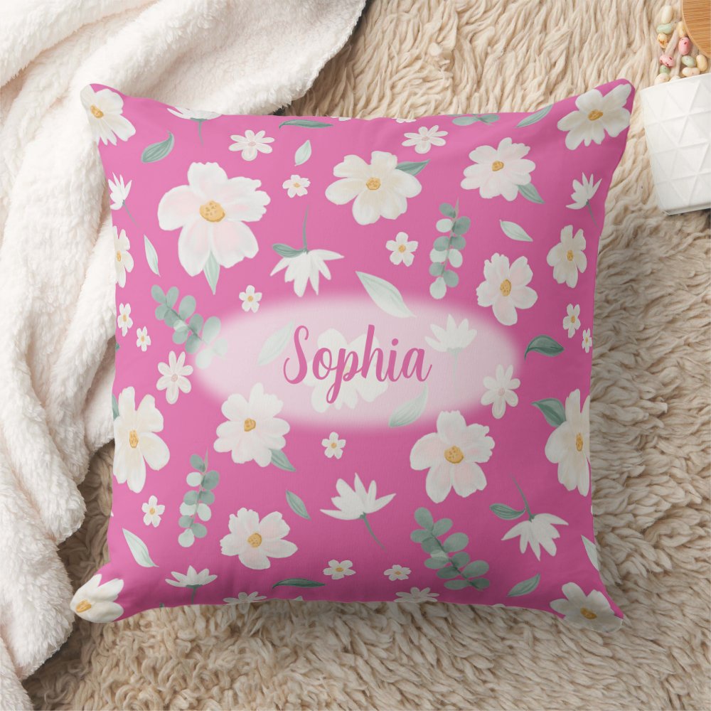 vibrant pink flowers on pillow with grandkids names