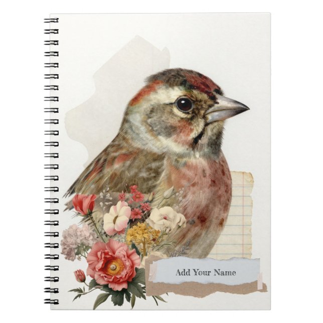 PERSONALISE Vintage Style Finch Bird Collage Notebook (Front)