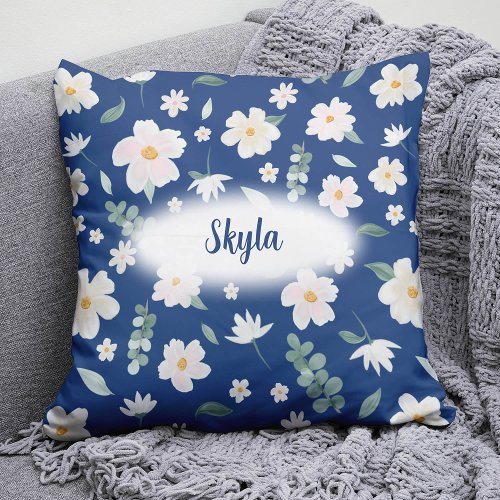 Personalise white watercolor flowers on blue throw pillow