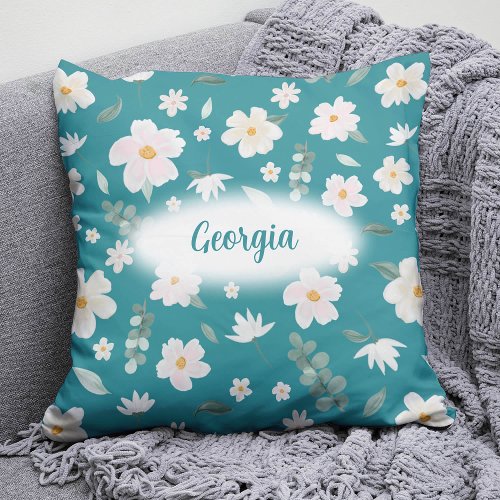 Personalise white watercolor flowers on turquoise throw pillow