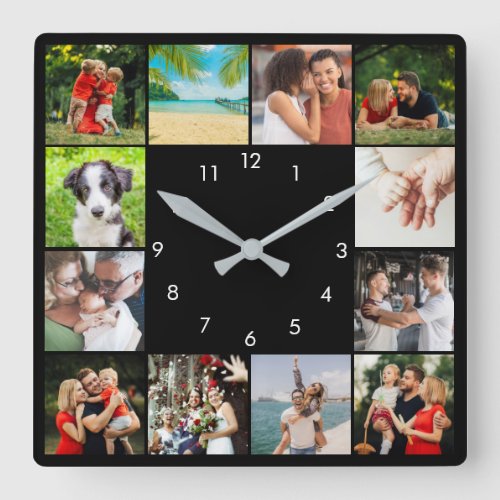 Personalised 12 Family Photo Collage Black Square Wall Clock