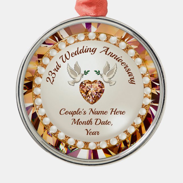 Personalised, 23 year Wedding Anniversary Present Metal Ornament (Front)