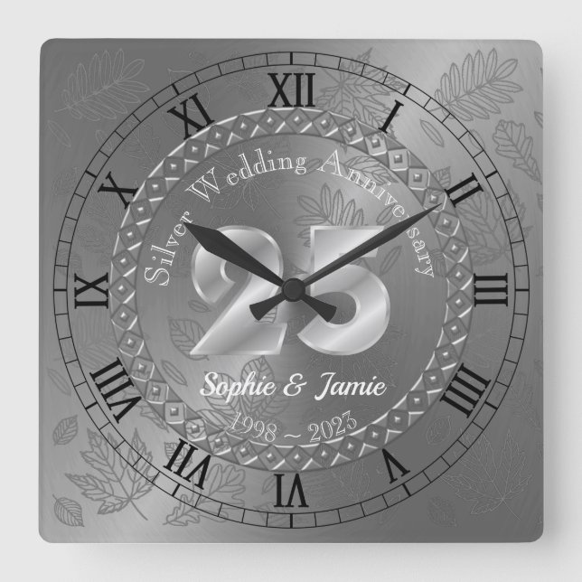 Personalised 25th Silver Anniversary Gift Idea Square Wall Clock (Front)