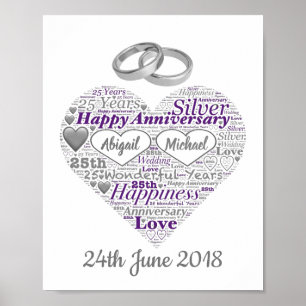 Personalised 25th Silver Wedding Word Art Print