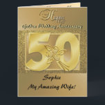 Personalised 50th Wedding Anniversary Card Wife<br><div class="desc">Personalized 50th year golden Wedding Anniversary greeting card for Wife,  with name and love hearts design. Can be fully customised for couples,  husband or wife. Custom luxury 50th anniversary card design with name and date.</div>