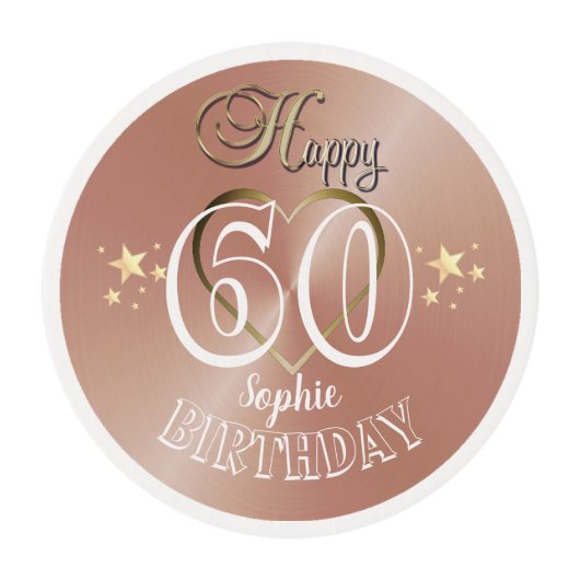 Personalised 60th Rose Gold Cupcake Toppers Edible Frosting Rounds (Front)