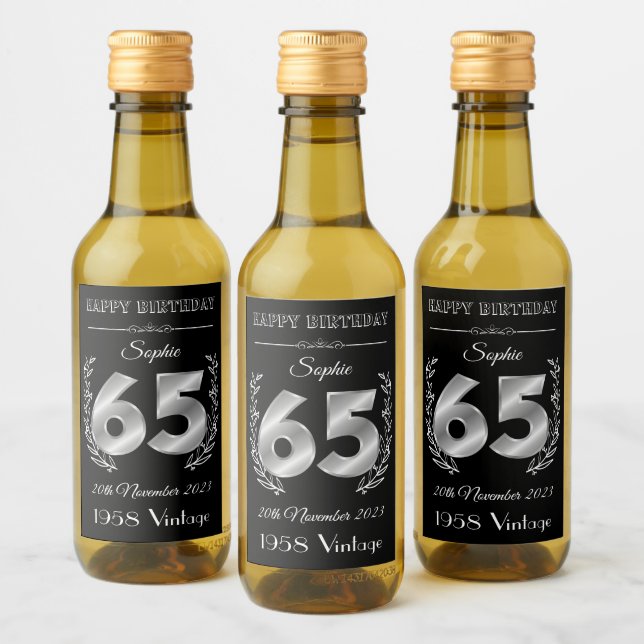 Personalised 65th Birthday Mini Wine Bottle Labels (Bottles)