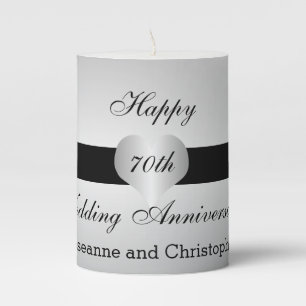 Personalised 70th Wedding Anniversary Silver Heart Pillar Candle