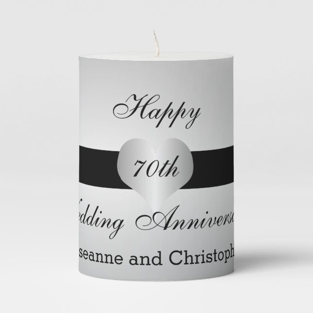 Personalised 70th Wedding Anniversary Silver Heart Pillar Candle (Front)