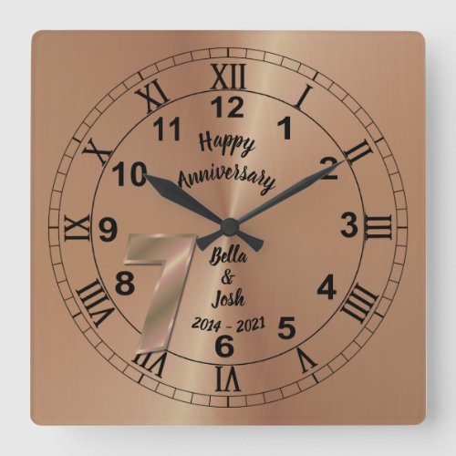 Personalised 7th Copper Anniversary Gift Idea Square Wall Clock
