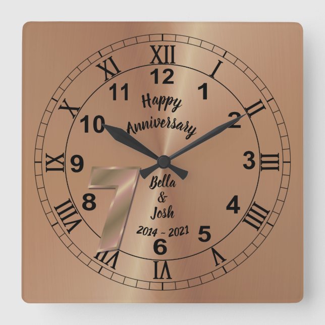 Personalised 7th Copper Anniversary Gift Idea Square Wall Clock (Front)