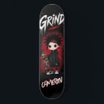Personalised Anime Japanese  Emo Red and Black  Skateboard<br><div class="desc">Bold urban skateboard design featuring an emo goth chibi skater with graffiti-style details and a strong “GRIND” headline. This design combines street art textures, high-contrast colours, and an edgy skater aesthetic, making it ideal for skaters, teens, and anyone who loves alternative style. The layout is designed for strong visual impact,...</div>