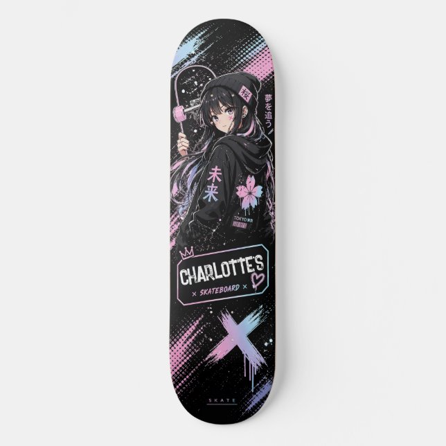 Personalised Anime Pastel and Black Skateboard  (Front)
