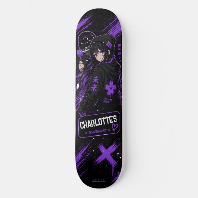 Personalised Anime Purple and Black Skateboard  (Front)