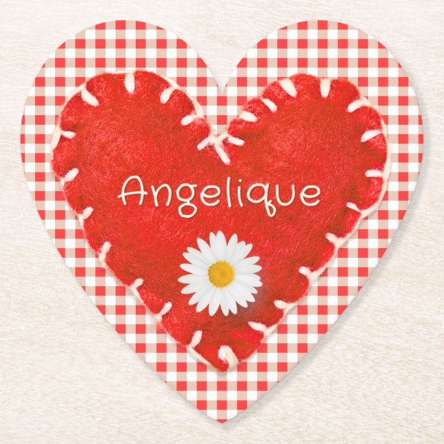 Personalised Applique Heart and Daisy on Gingham Paper Coaster (Front)