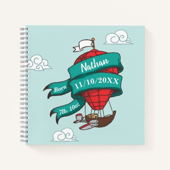 Personalised Baby Birth Statistics Hot Air Balloon Notebook (Front)