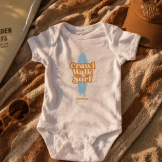Personalised Baby Bodysuit, Crawl Walk Surf Summer Bodysuit