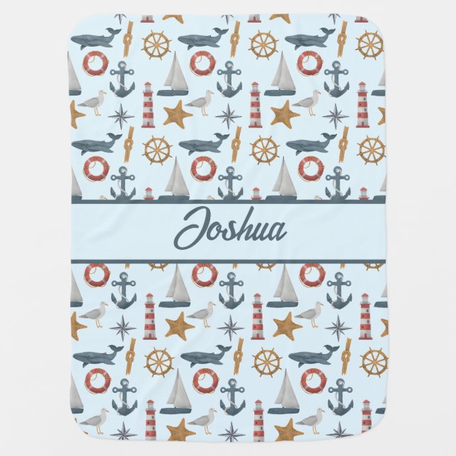 Personalised baby name marine sailing nautical  baby blanket (Front)