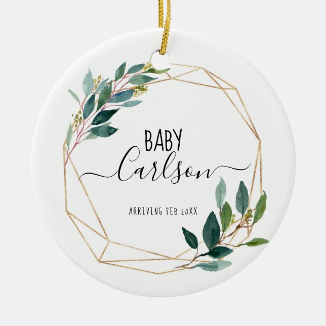 Personalised Baby Reveal Pregnancy Greenery  Ceramic Ornament (Front)