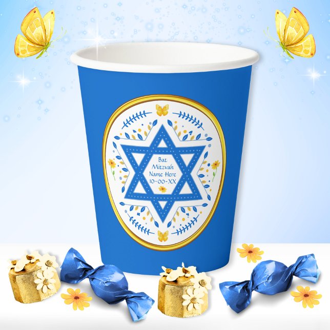 Personalised, Bat Mitzvah Party Supplies,  Paper Cups (Bat Mitzvah table decorations. Bat Mitzvah paper cups. Bat Mitzvah party ideas, Bat Mitzvah Supplies)