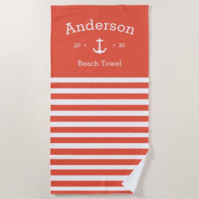 Personalised Beach Towel - Striped Orange Nautical (Front)