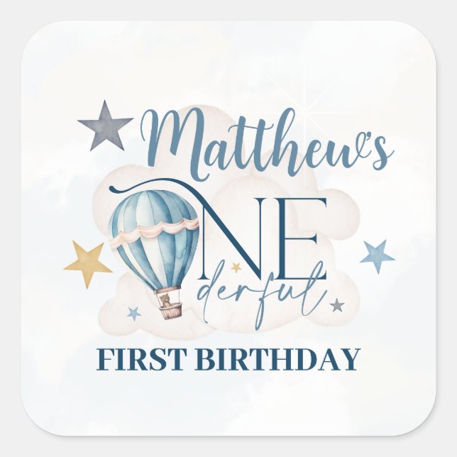 Personalised Bear in a Balloon Square Stickers (Front)