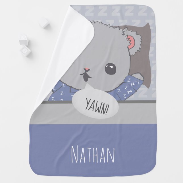 Personalised Bedtime Teddy Bear Blue Baby Blanket (In Situ)