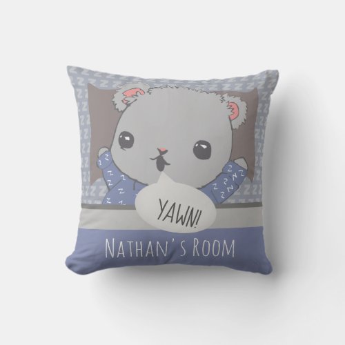 Personalised Bedtime Teddy Bear Blue Throw Pillow