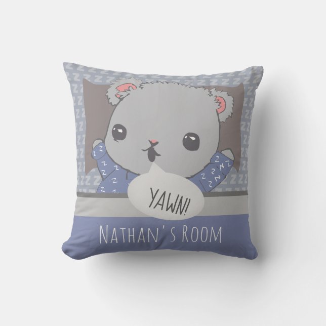 Personalised Bedtime Teddy Bear Blue Throw Pillow (Front)