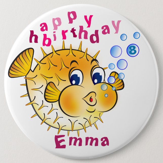Personalised Birthday Badge - Puffer-Fish 8 Button (Front)