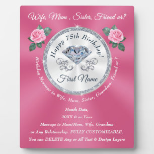 Personalised, Birthday Gift for 75 year old Woman, Plaque