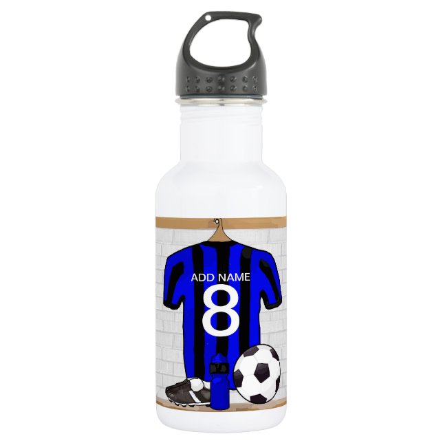 Personalised Black and blue football soccer Jersey Stainless Steel Water Bottle (Front)