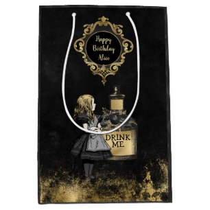 Personalised Black and Gold Alice drink me Medium Gift Bag