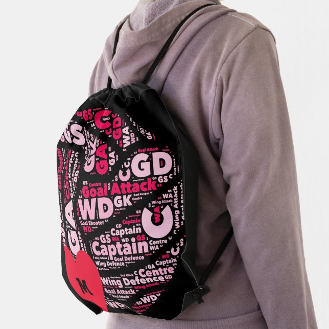 Personalised Black And Pink Netball  Drawstring Bag (Insitu)