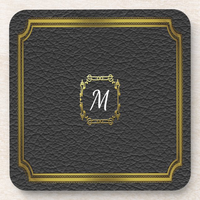 Personalised Black Faux Leather Beverage Coaster (Front)