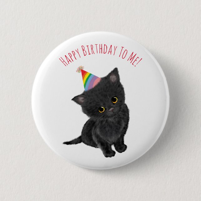 Personalised black kitten birthday badge button (Front)