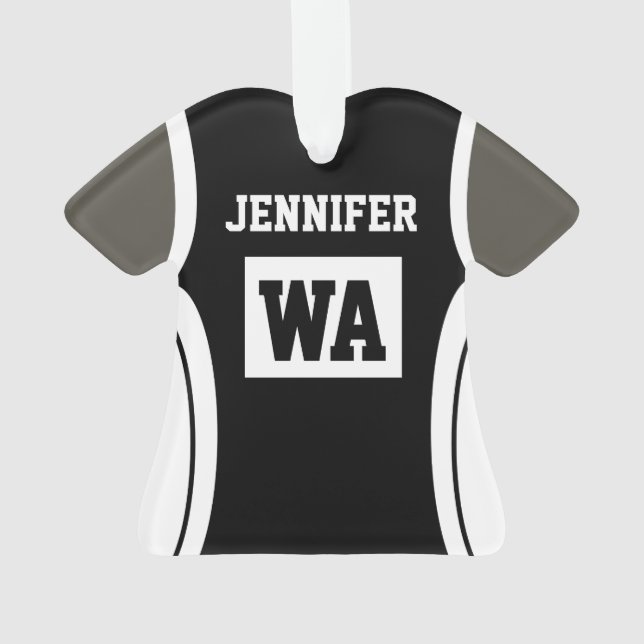 Personalised Black Netball Unifom dark skin Ornament (Back)
