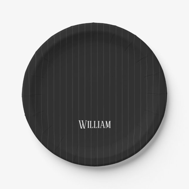 Personalised black pinstripes paper plates (Front)