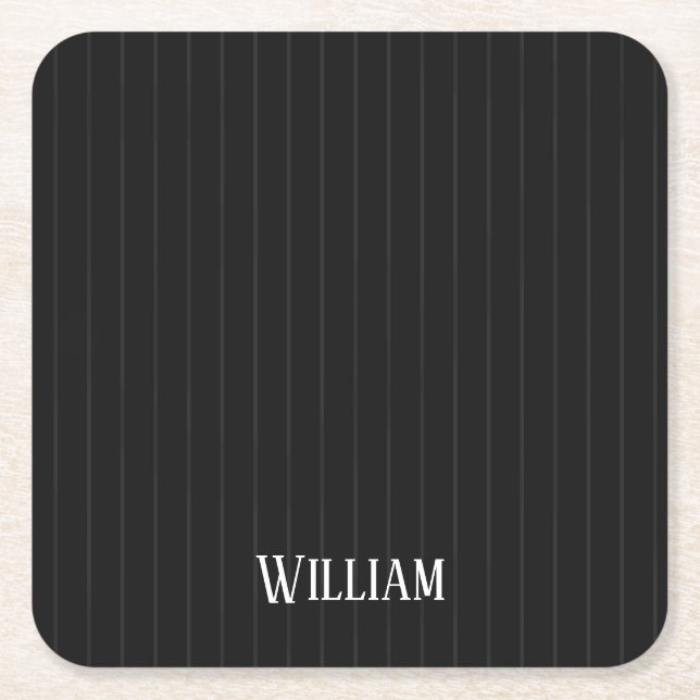 Personalised black pinstripes square paper coaster (Front)