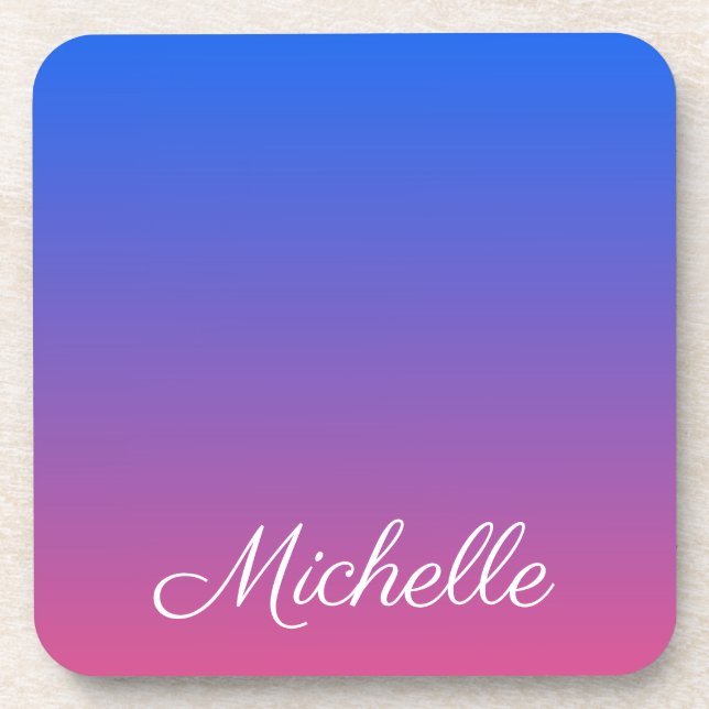 Personalised blue and pink ombre gradient beverage coaster (Front)