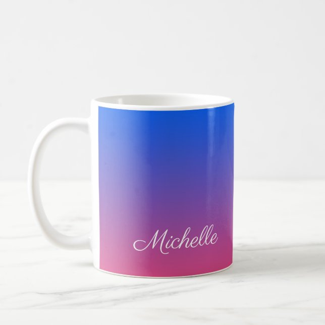 Personalised blue and pink ombre gradient coffee mug (Left)