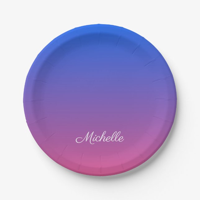 Personalised blue and pink ombre gradient paper plates (Front)