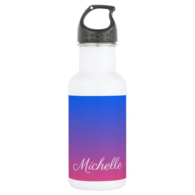 Personalised blue and pink ombre gradient stainless steel water bottle (Front)