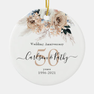 Personalised Blue Boho Floral 50 Anniversary Ceramic Ornament