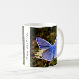Personalised Blue Butterfly on White Flower Coffee Mug