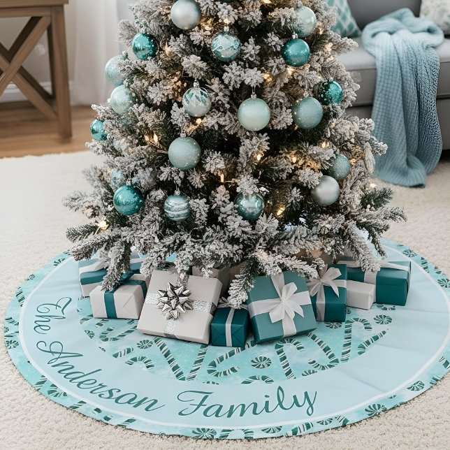 Personalised Blue Christmas Tree Base Holiday  Brushed Polyester Tree Skirt (Soft blue personalised Christmas design creating a calm, modern tree base for festive homes)