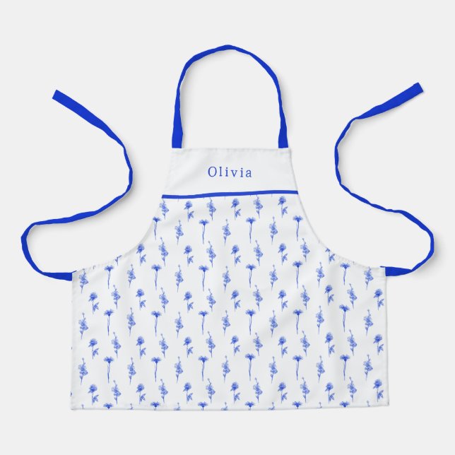 Personalised Blue Floral Pattern Apron. Apron (Front)